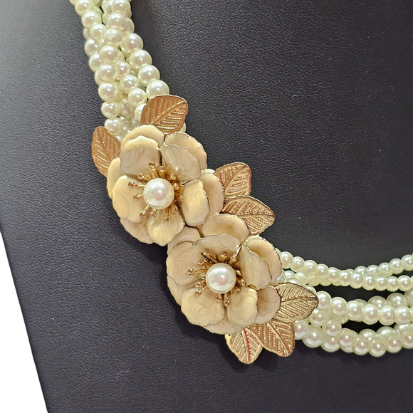 Faux Pearl Statement Necklace Multi Strand Cream Enamel Flowers Gold Tone Leaves - Picture 2 of 7